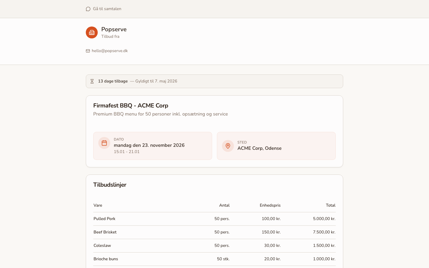 Tilbudsside som kunden ser den med menu, pris og acceptknap